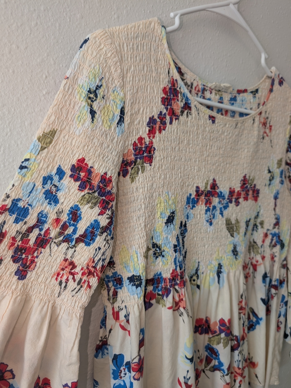 Jane and Delancey Cream Floral Smocked Peasant Top with Blue & Red Accents - Picture 3 of 4